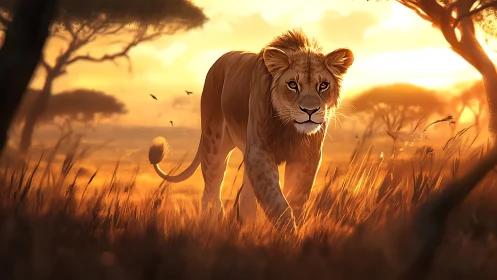 Sunset-striding lion turns savanna light into quiet fire