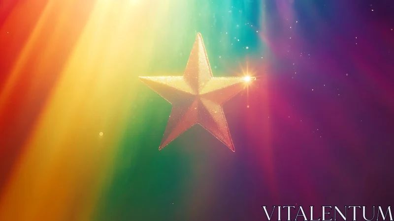 Golden glitter star suspended in prismatic rainbow light.