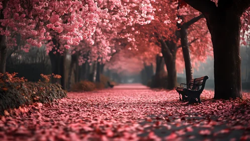 Cherry blossom avenue with empty bench in soft pink haze.