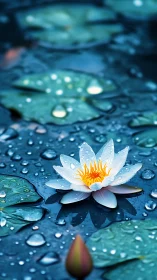 Quiet lily pond after rain with a single bright bloom.