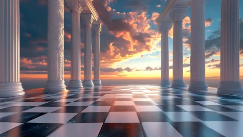 Sunlit marble colonnade over a dreamy chessboard sky terrace.
