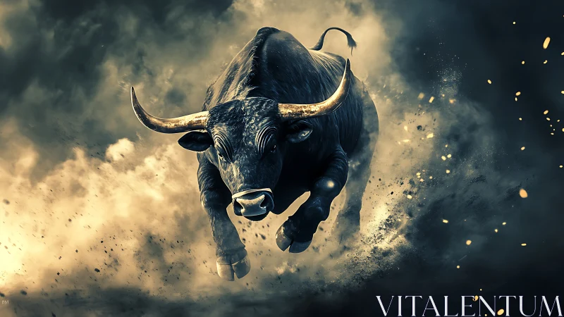Charging bull rendered in smoky, high contrast environment