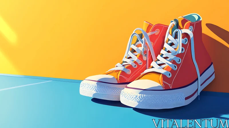 Vibrant red high-top sneakers in bold color block scene.