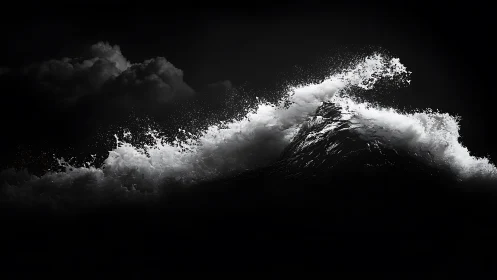 High-contrast ocean wave crest under dark sky at night.