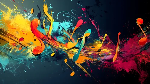 Neon paint-splashed music notes surfing a cosmic soundwave.