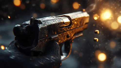 Gleaming handgun erupts in sparks and drifting brass casings.