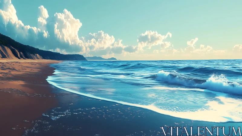 Sunlit shoreline curves beneath rolling turquoise surf