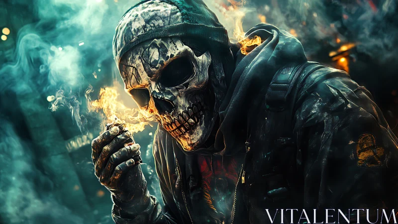 Flaming skull-masked figure advances through neon smoke field