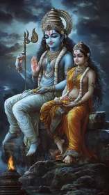 Divine blue couple rest on rocky ledge beneath stormy sky.