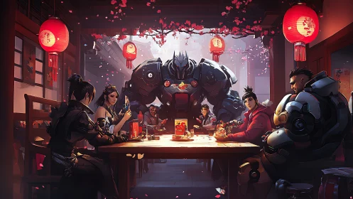 Cybernetic heroes share festive lantern-lit meal in stylized hall