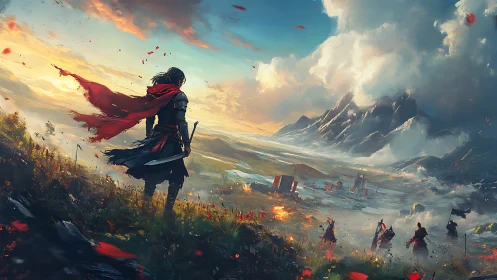 Warrior overlooking burning valley and distant citadel battleground.