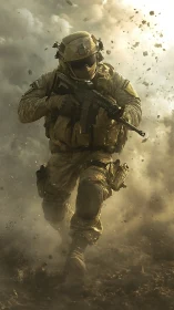 Combat soldier charging through dense battlefield smoke.