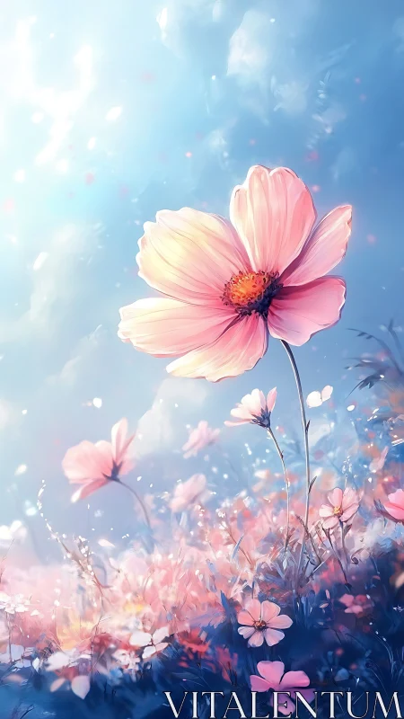 Pink cosmos flower with bokeh particles rendered against blue sky background