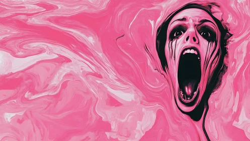 Surreal digital painting of distorted scream in pink void.