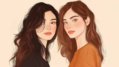 Two Young Women in Soft Pastel Digital Portrait, Minimalist Style.