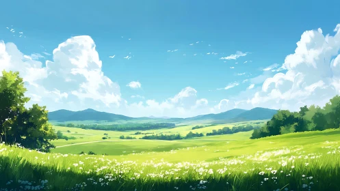 Bright green meadow under wide clouds and distant hills.