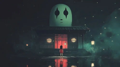 Girl in red stands before eerie spirit house at night.