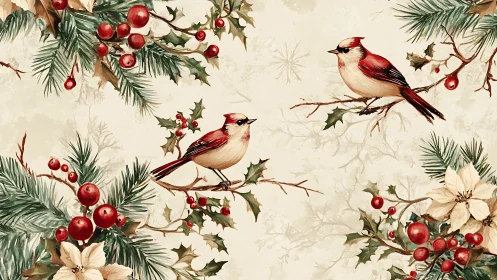 Winter cardinals on holly branches in vintage watercolor.