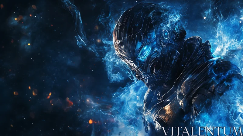 Cyborg warrior rendered in blue energy flames against space
