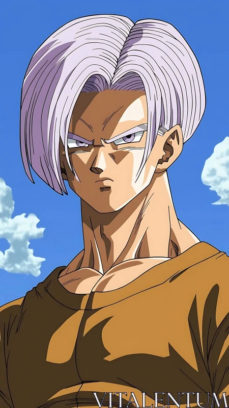 Cel-shaded anime portrait with hard-edged lighting and sky backdrop