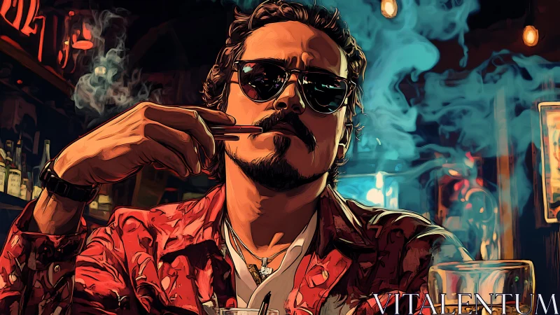 Man in patterned shirt at bar counter with smoke and drink.