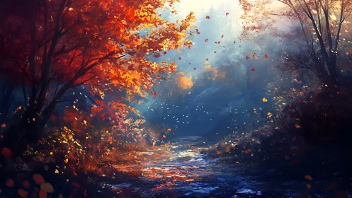 Autumn Forest Pathway with Volumetric Foliage Illumination and Atmospheric Mist