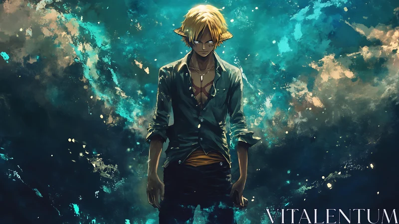 Brooding blond warrior amid turbulent teal cosmos glow.
