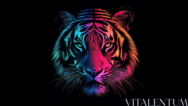 Neon tiger portrait glows with electric intensity on black