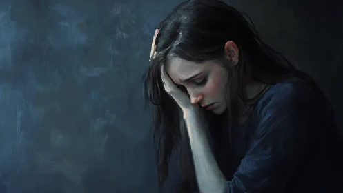 Woman holds head in hand against dark blue background