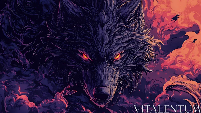 Digital painting of demonic wolf head framed by infernal clouds.