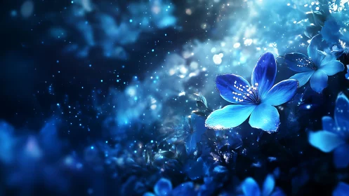Blue flowers with luminescent particles against dark atmospheric background.