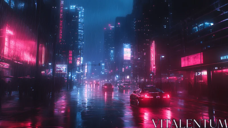Neon rain city drive under glowing midnight towers.