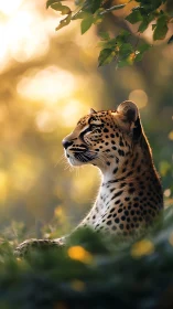 Photorealistic leopard portrait in backlit forest bokeh field.