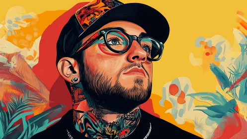Vector portrait of tattooed man with bold chromatic layering.