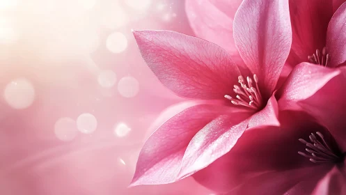 Pink hybrid lilies with visible stamens and soft bokeh lighting effects.