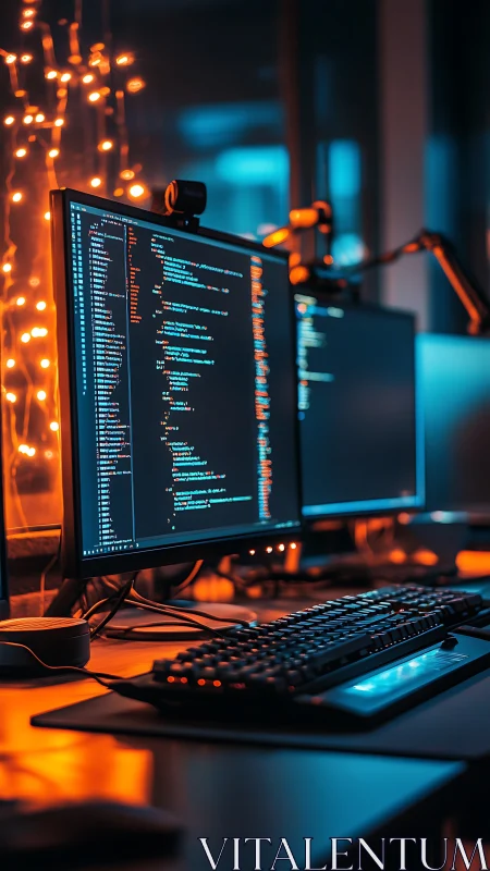 Dual coding monitors in orange teal low key studio lighting.