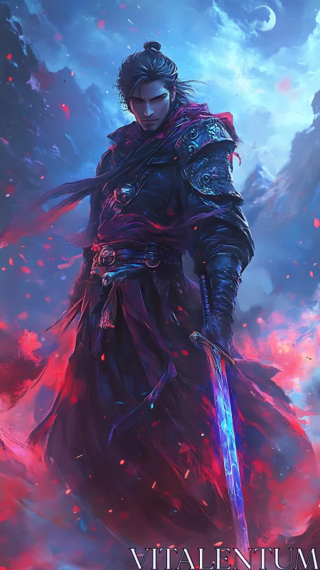 Stormlit warrior with glowing blade in swirling twilight.