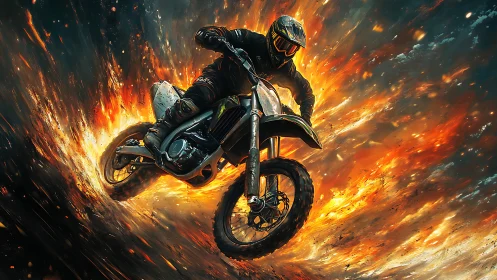 Motocross rider carving through explosive fire vortex.