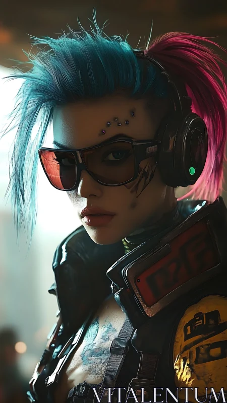 Cyberpunk mercenary with neon hair and tactical visor.