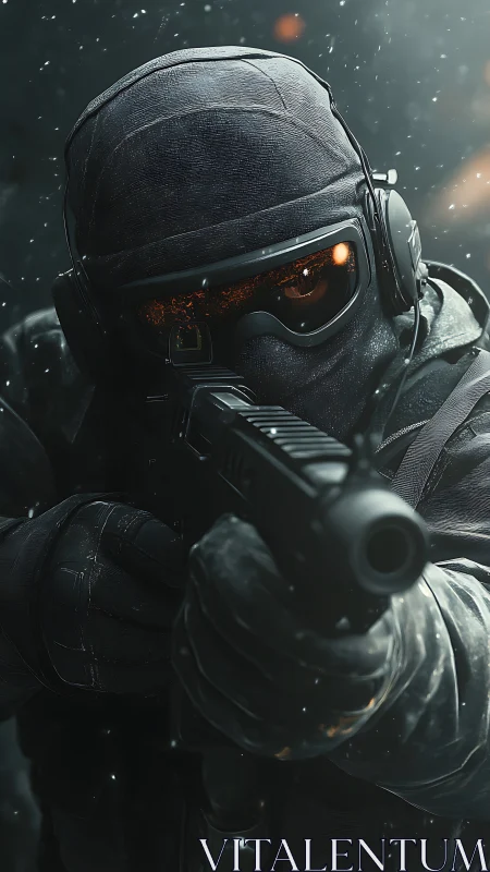 Tactical soldier aims rifle through stormlit battle haze.