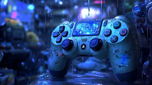 Rain-soaked dual-analog gamepad in neon blue cinematic lighting.