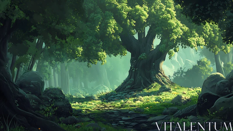 Ancient Forest Clearing with Massive Tree and Sunlit Canopy