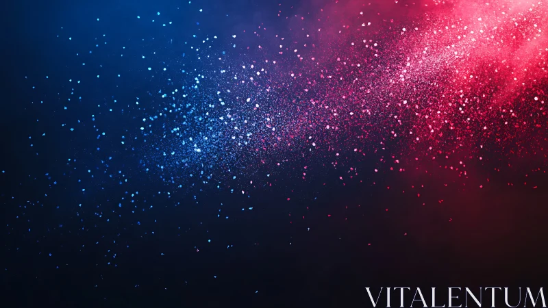 Bicolor particle burst across dark cosmic gradient background.