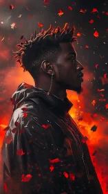 Portrait of quiet strength in a storm of glowing embers.