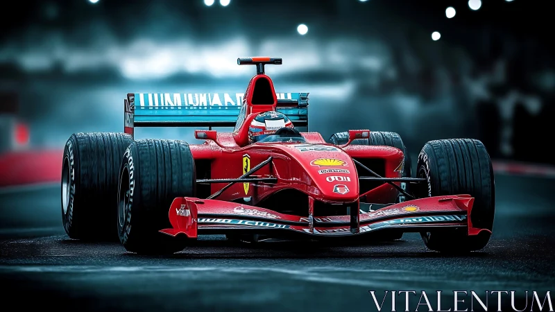 Red Formula 1 car accelerates on wet night racetrack