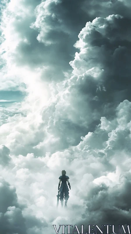 Lone skyward warrior dissolves into storm-tossed clouds.