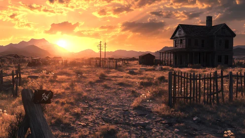 Deserted farmhouse at sunset with dramatic golden backlight.