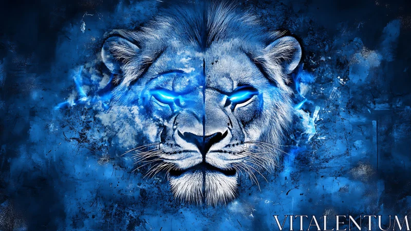 Electric blue lion portrait with glowing neon eyes.