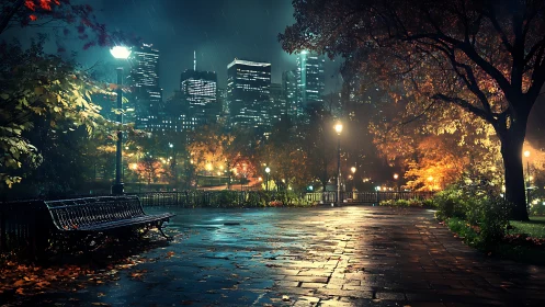 Rainwashed city park glimmering under autumn lantern hush.