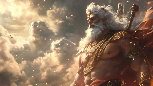 Storm-lit warrior deity in ornate golden armor stands poised.